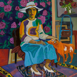 Moesey Li: 'A lady with a red dog ', 2015 Oil Painting, Portrait. Artist Description: realism, portrait, lady, dog, carpet, painting...